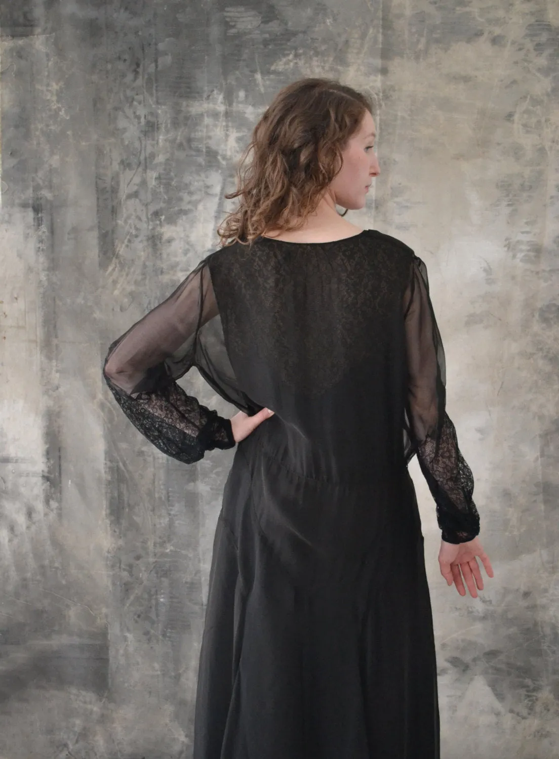 1930s Sheer Black Silk and Lace Dress