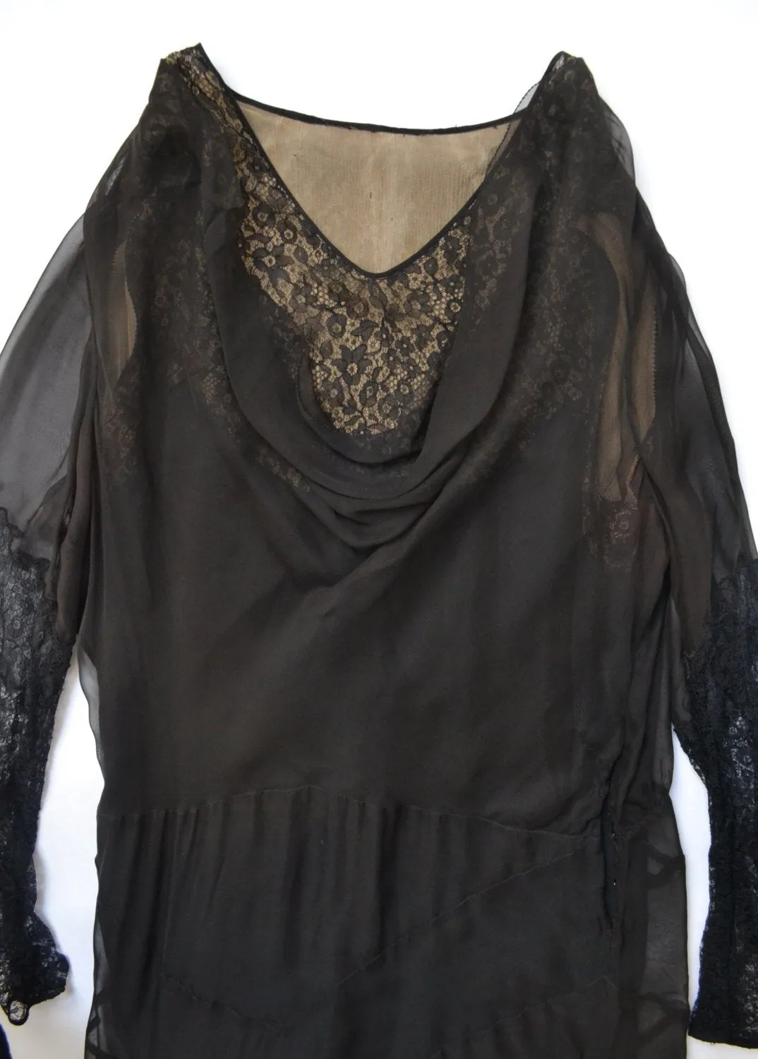 1930s Sheer Black Silk and Lace Dress