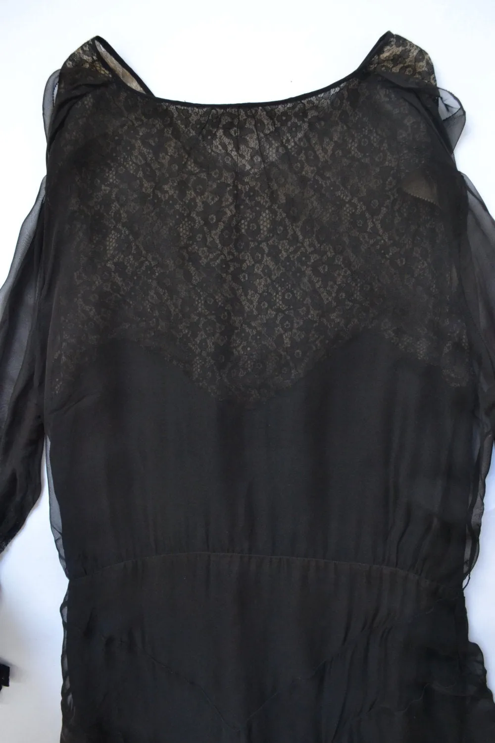 1930s Sheer Black Silk and Lace Dress