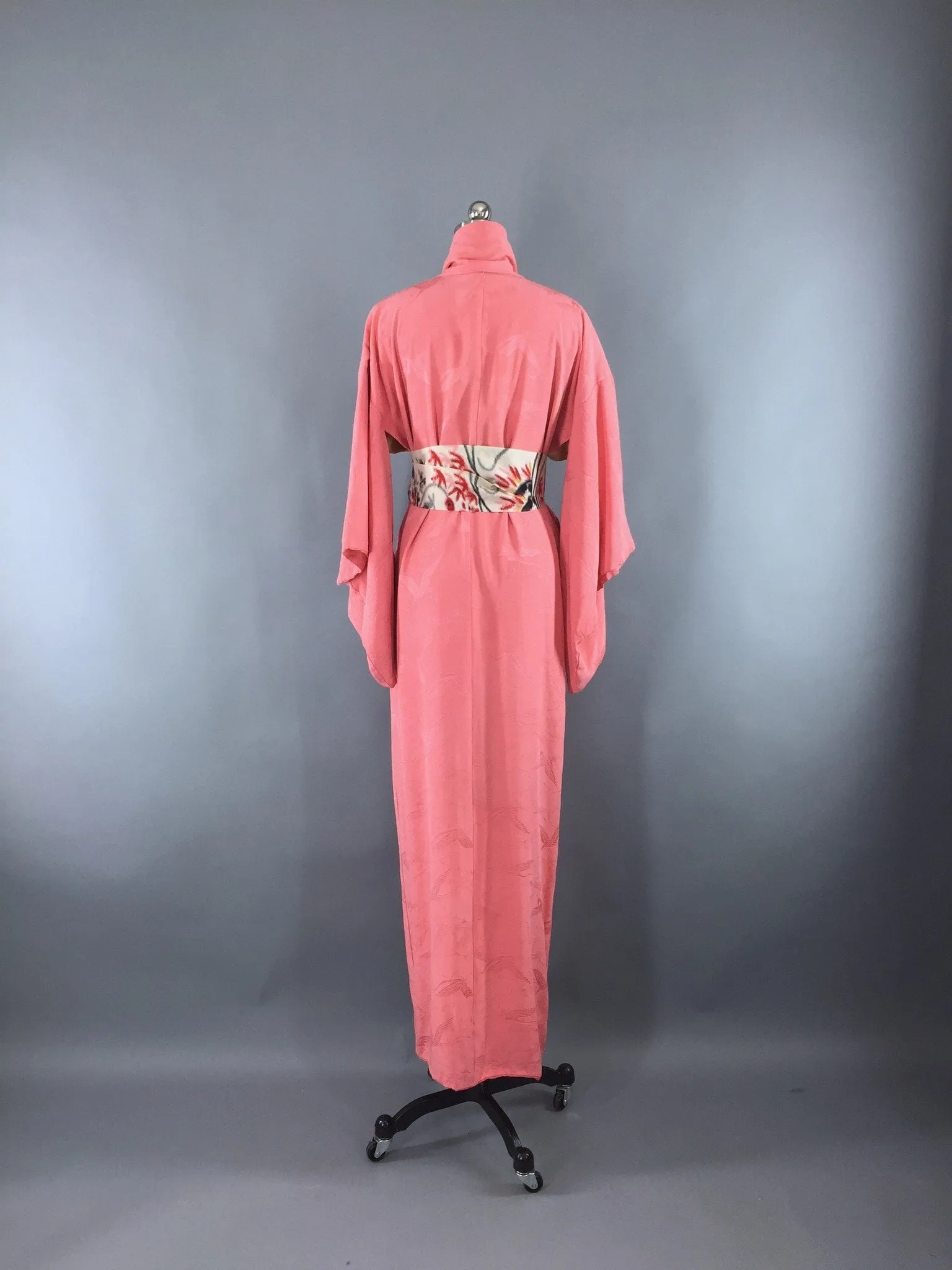 1950s Vintage Silk Kimono Robe with Pink Flying Cranes Birds