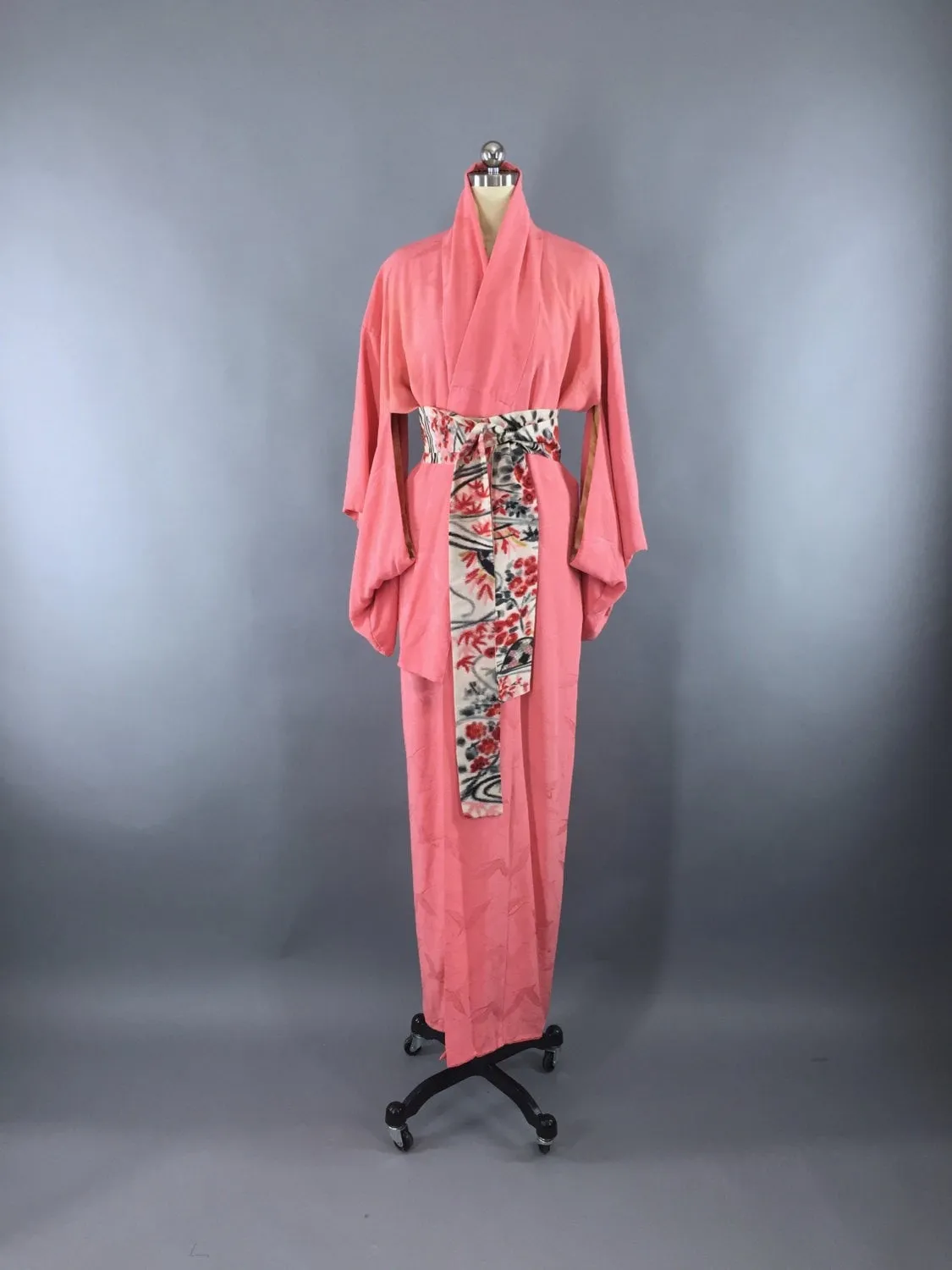 1950s Vintage Silk Kimono Robe with Pink Flying Cranes Birds