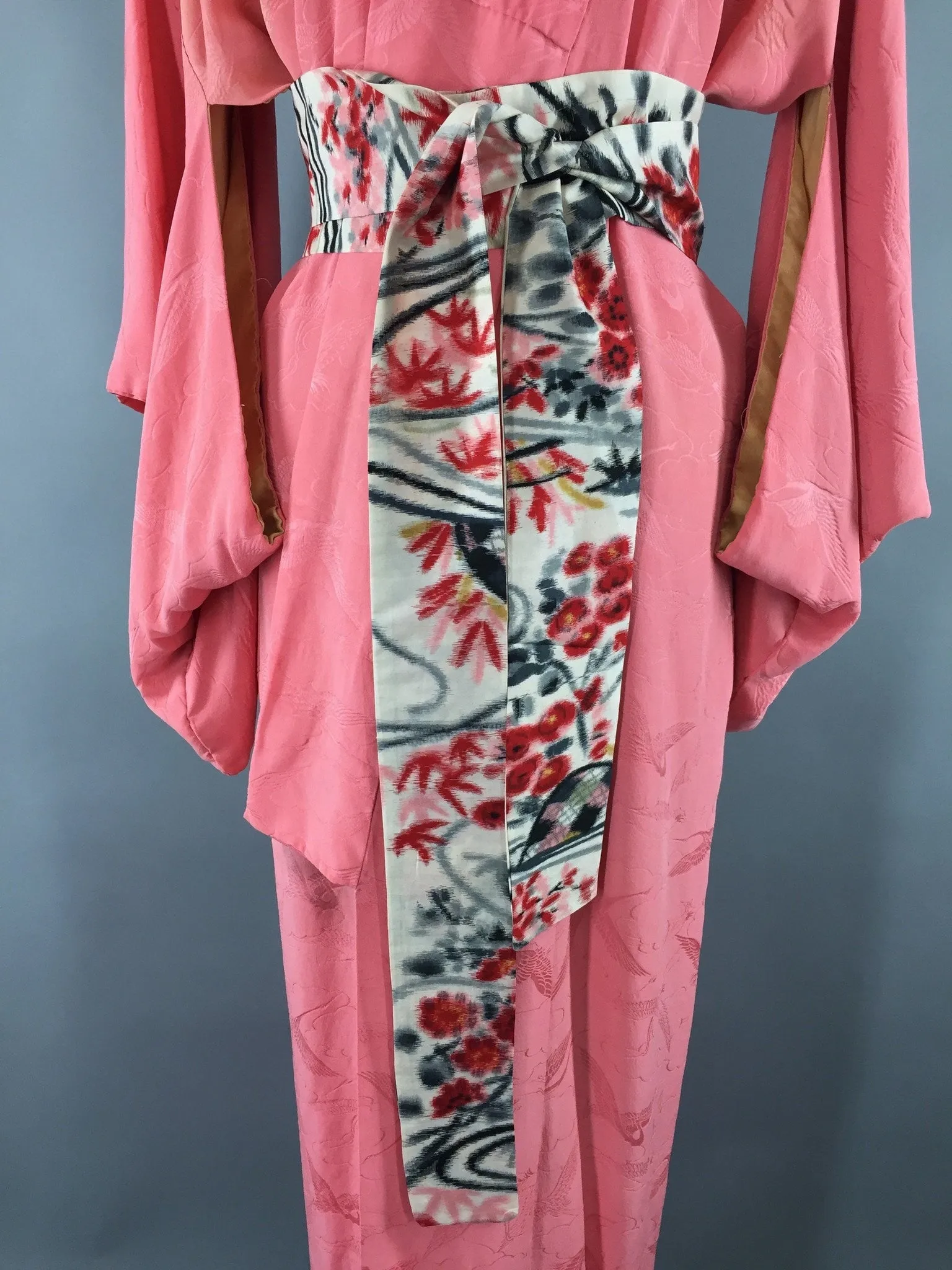 1950s Vintage Silk Kimono Robe with Pink Flying Cranes Birds