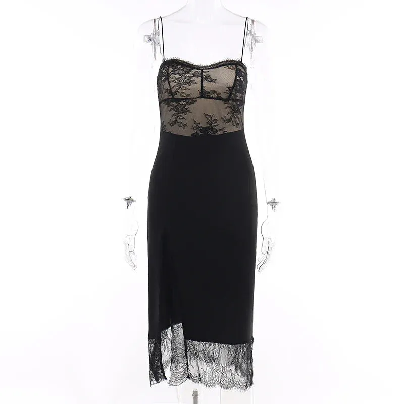 2024 Sexy Black Spaghetti Strap Backless Split Lace Dress