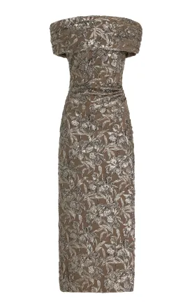 24FN628MOJ Off shoulder metallic jacquard dress