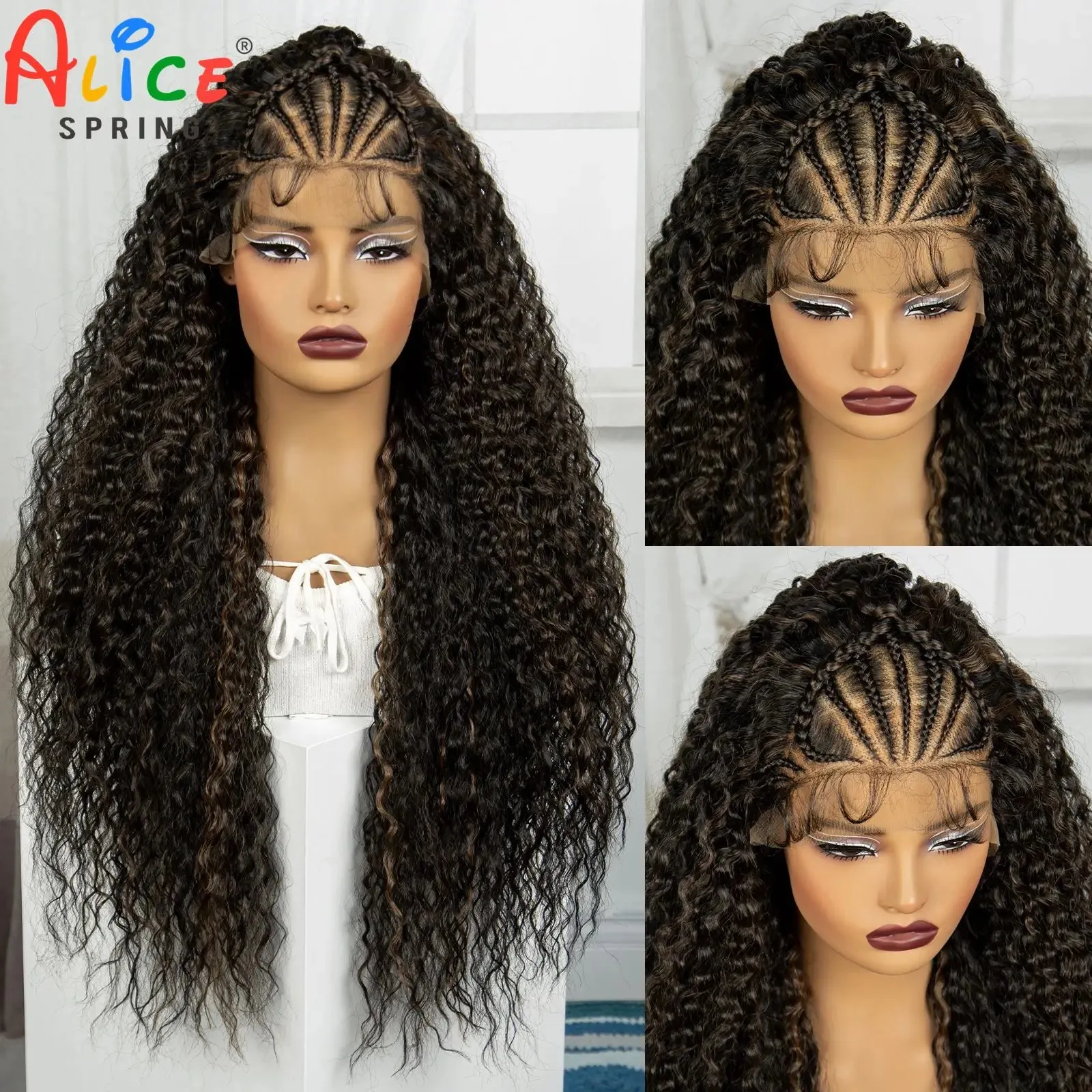 32Inch 1B-30 Cornrow Braided Wigs Knotless Synthetic Lace Front Braided Wig Curly Braiding Hair Wigs with Baby Hair