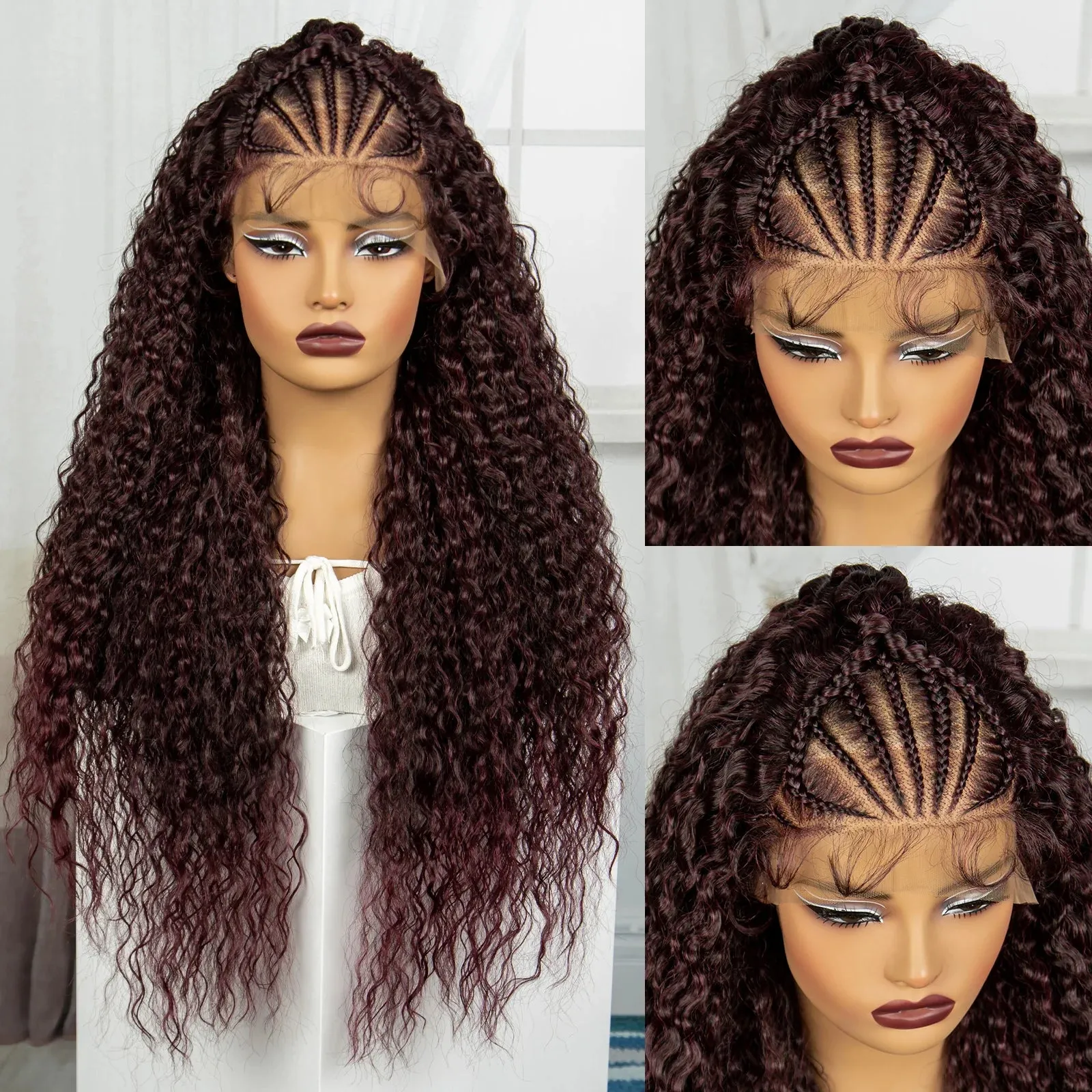 32Inch 1B-30 Cornrow Braided Wigs Knotless Synthetic Lace Front Braided Wig Curly Braiding Hair Wigs with Baby Hair