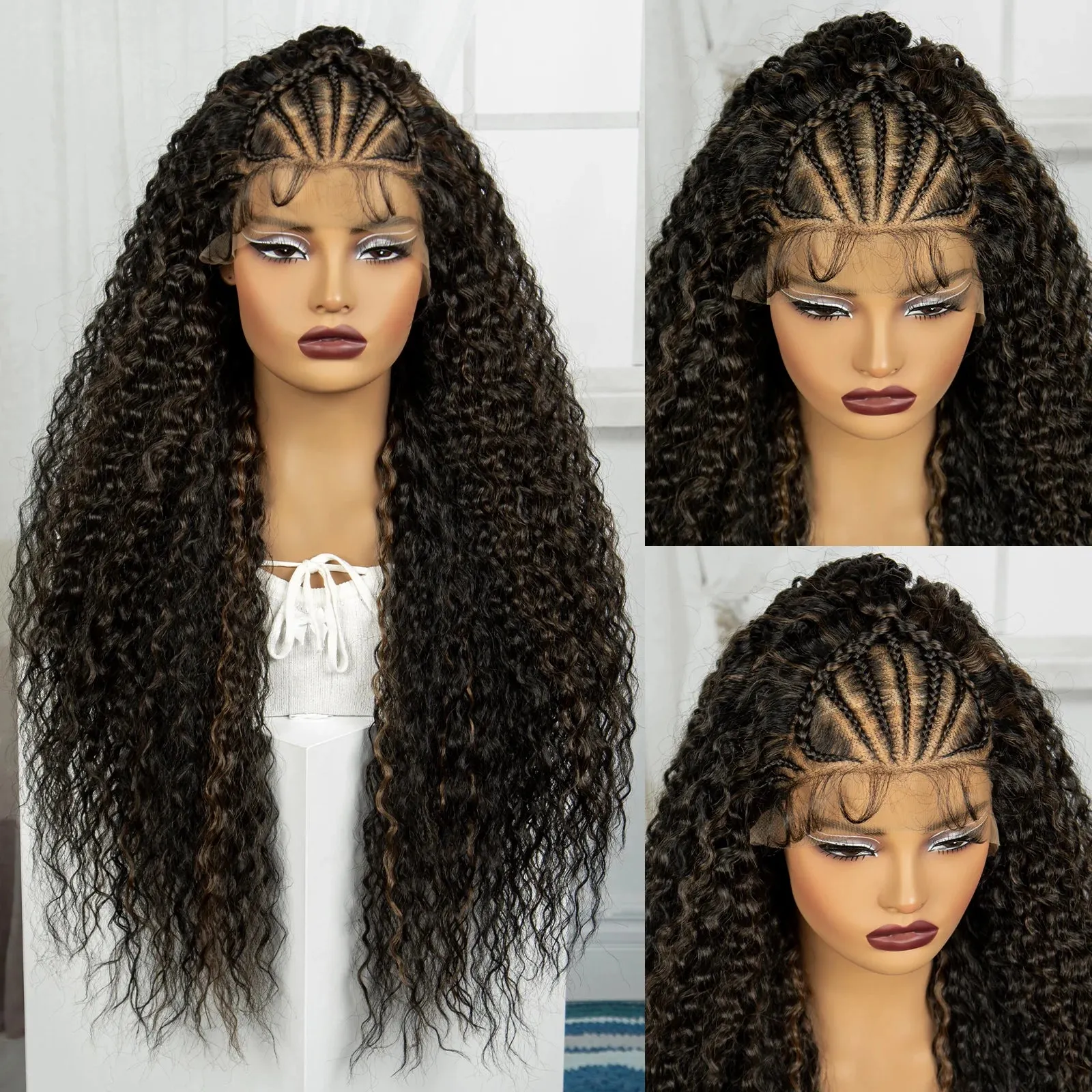 32Inch 1B-30 Cornrow Braided Wigs Knotless Synthetic Lace Front Braided Wig Curly Braiding Hair Wigs with Baby Hair