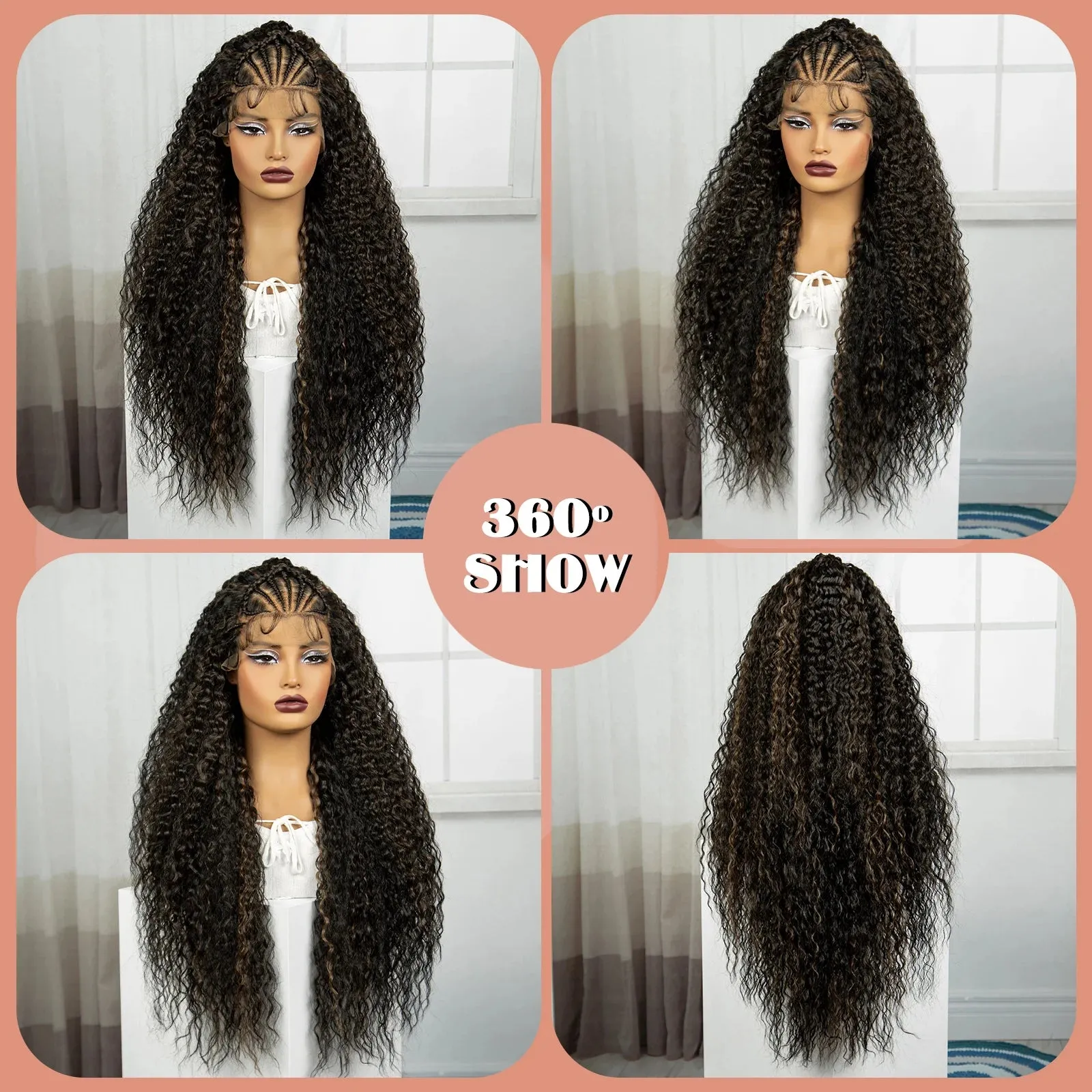 32Inch 1B-30 Cornrow Braided Wigs Knotless Synthetic Lace Front Braided Wig Curly Braiding Hair Wigs with Baby Hair