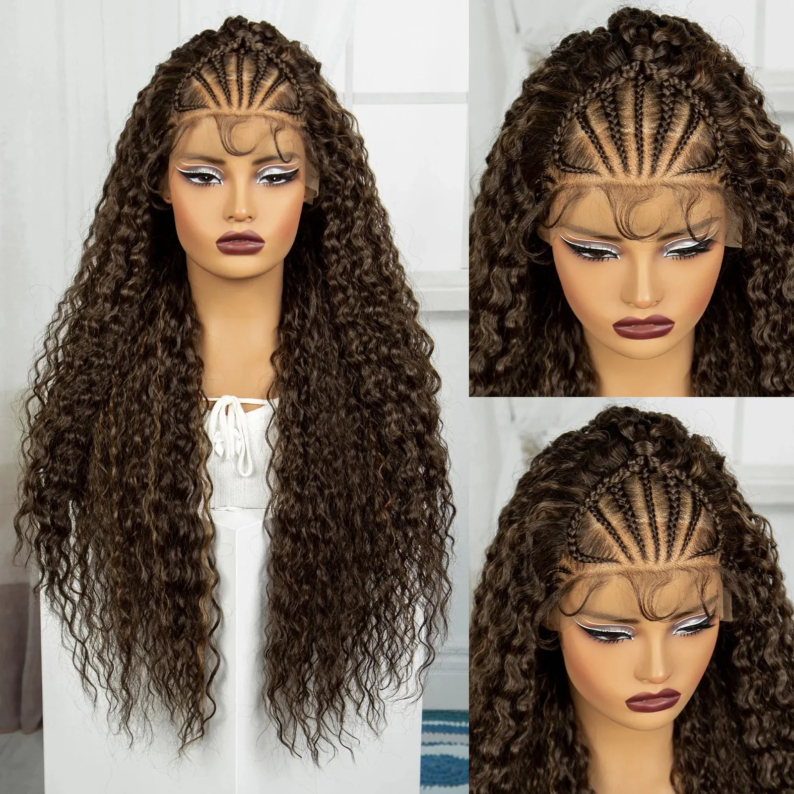 32Inch 1B-30 Cornrow Braided Wigs Knotless Synthetic Lace Front Braided Wig Curly Braiding Hair Wigs with Baby Hair