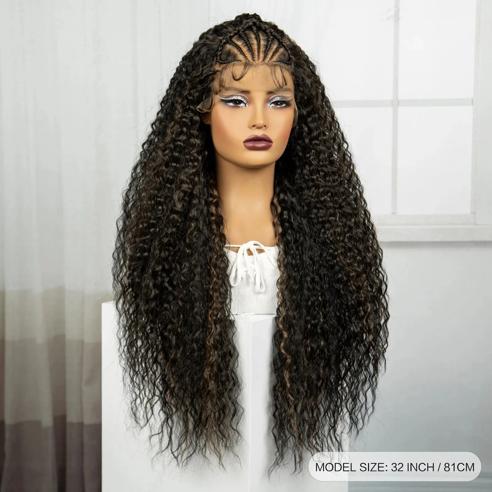 32Inch 1B-30 Cornrow Braided Wigs Knotless Synthetic Lace Front Braided Wig Curly Braiding Hair Wigs with Baby Hair