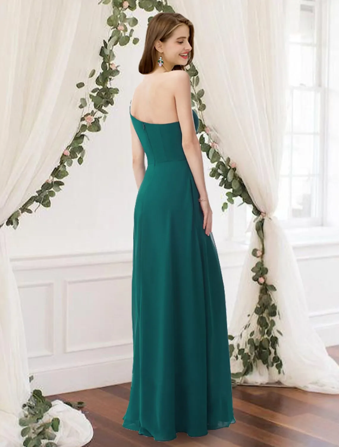 A-Line Bridesmaid Dress One Shoulder Sleeveless Elegant Floor Length Chiffon with Pleats