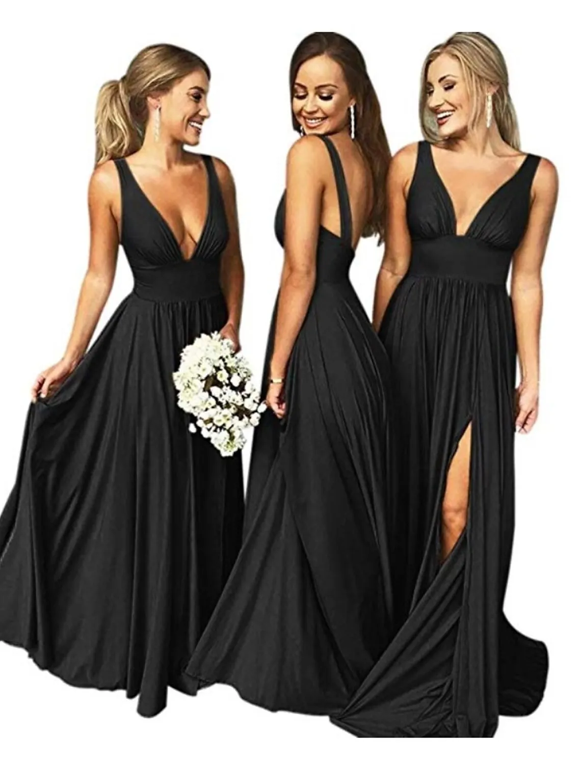 A-Line Bridesmaid Dress Plunging Neck Sleeveless Furcal Floor Length Chiffon with Pleats / Split Front