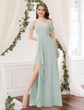 A-Line Bridesmaid Dress V Neck Sleeveless Elegant Floor Length Chiffon with Pleats / Split Front