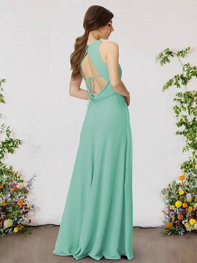 A-Line Bridesmaid Dress V Neck Sleeveless Elegant Floor Length Chiffon with Pleats  Split Front