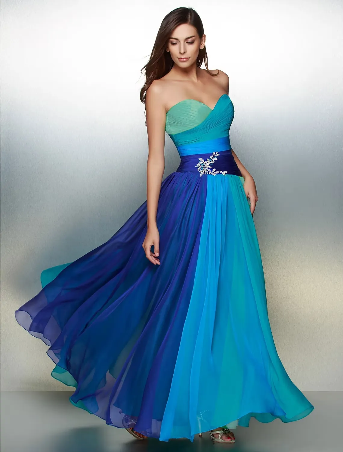 A-Line Color Block Dress Wedding Guest Floor Length Sleeveless Sweetheart Chiffon Backless with Ruched Crystals