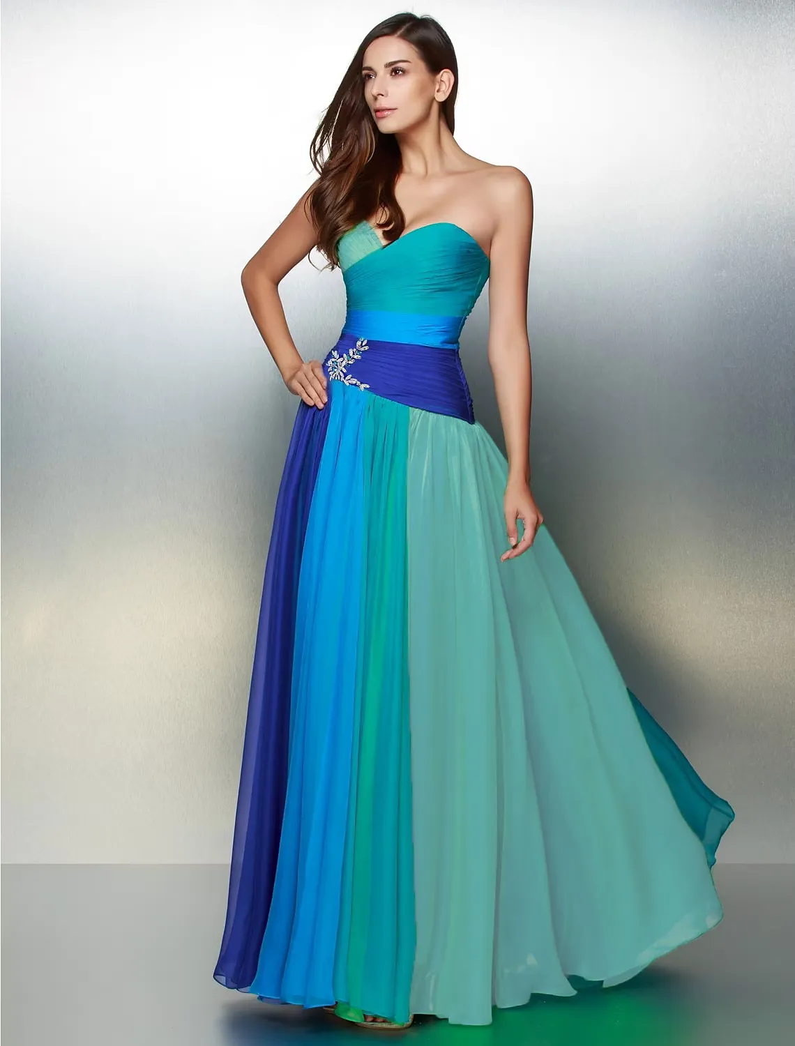 A-Line Color Block Dress Wedding Guest Floor Length Sleeveless Sweetheart Chiffon Backless with Ruched Crystals