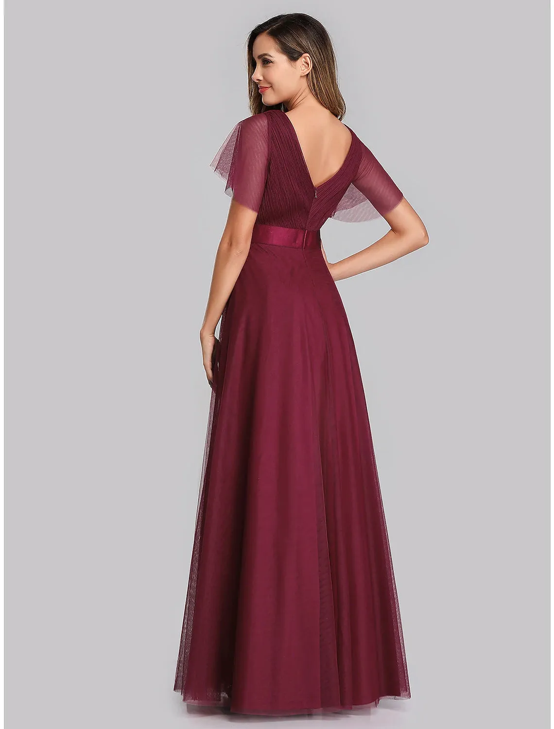 A-Line Empire Wedding Guest Prom Dress V Neck V Back Short Sleeve Floor Length Chiffon with Pleats Ruched