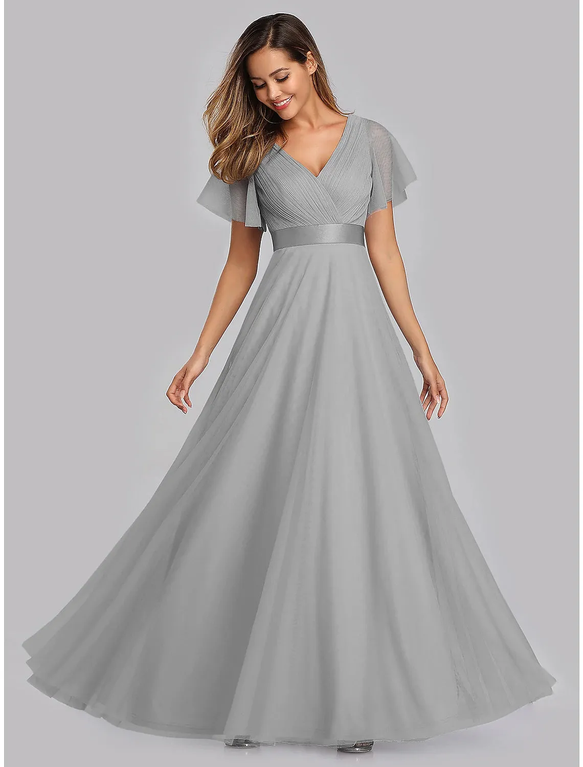 A-Line Empire Wedding Guest Prom Dress V Neck V Back Short Sleeve Floor Length Chiffon with Pleats Ruched