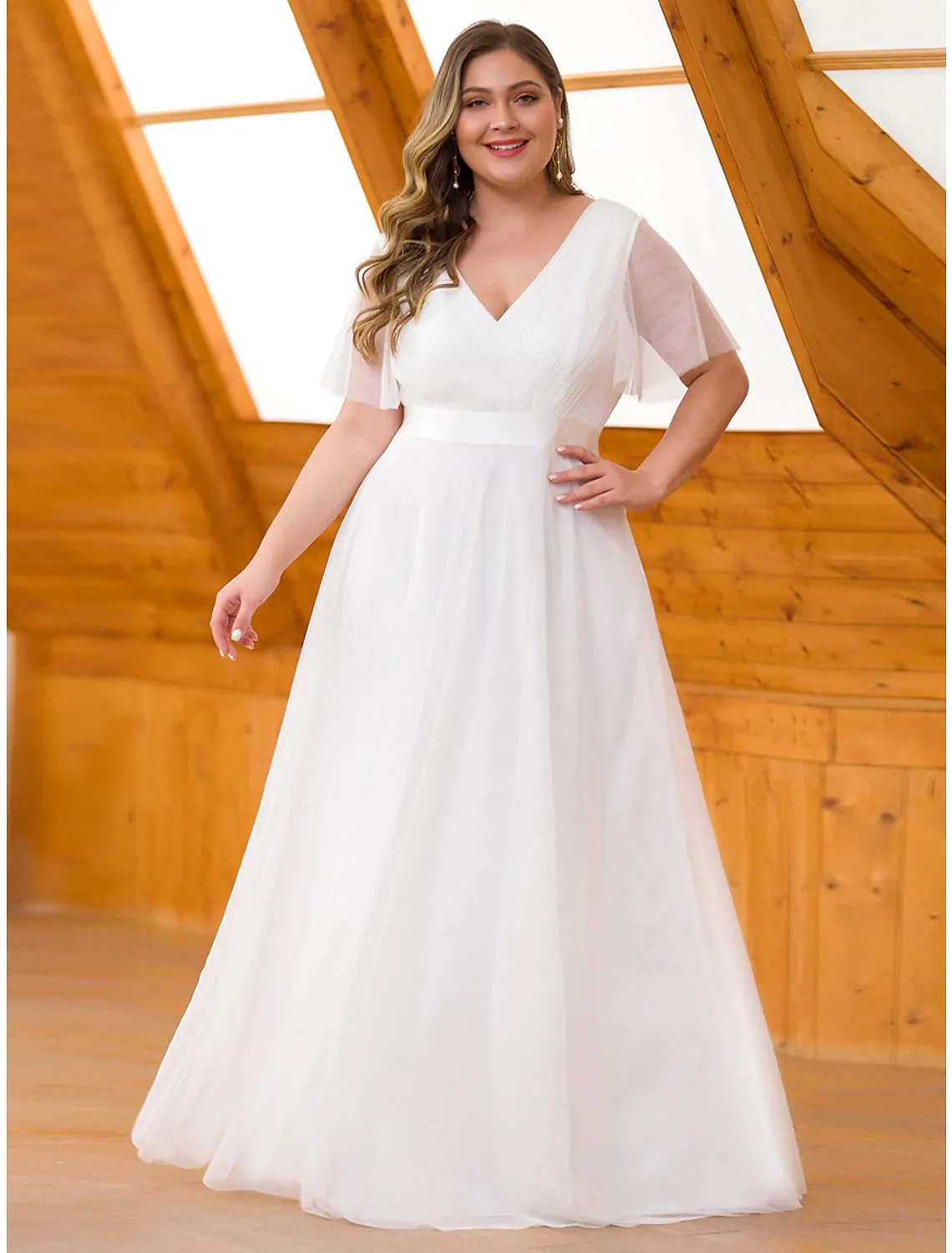 A-Line Empire Wedding Guest Prom Dress V Neck V Back Short Sleeve Floor Length Chiffon with Pleats Ruched