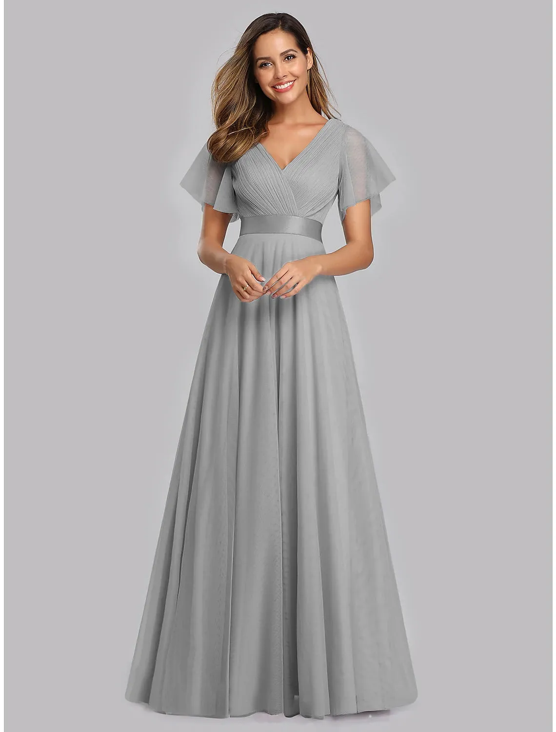 A-Line Empire Wedding Guest Prom Dress V Neck V Back Short Sleeve Floor Length Chiffon with Pleats Ruched