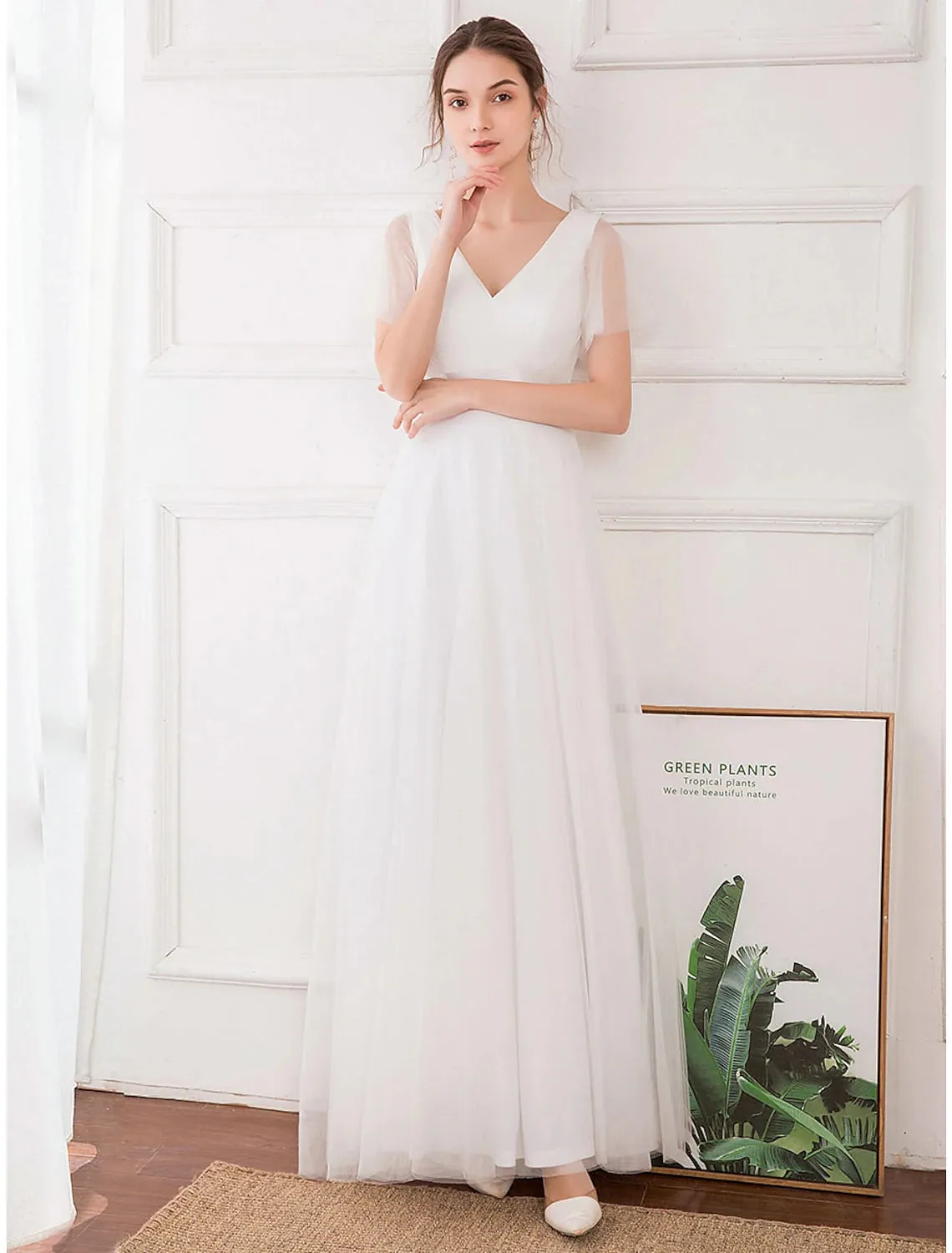 A-Line Empire Wedding Guest Prom Dress V Neck V Back Short Sleeve Floor Length Chiffon with Pleats Ruched