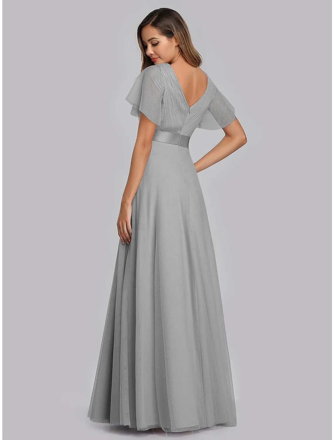 A-Line Empire Wedding Guest Prom Dress V Neck V Back Short Sleeve Floor Length Chiffon with Pleats Ruched