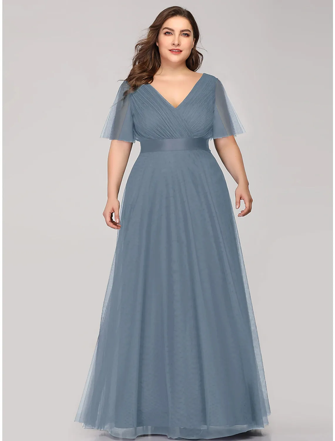 A-Line Empire Wedding Guest Prom Dress V Neck V Back Short Sleeve Floor Length Chiffon with Pleats Ruched