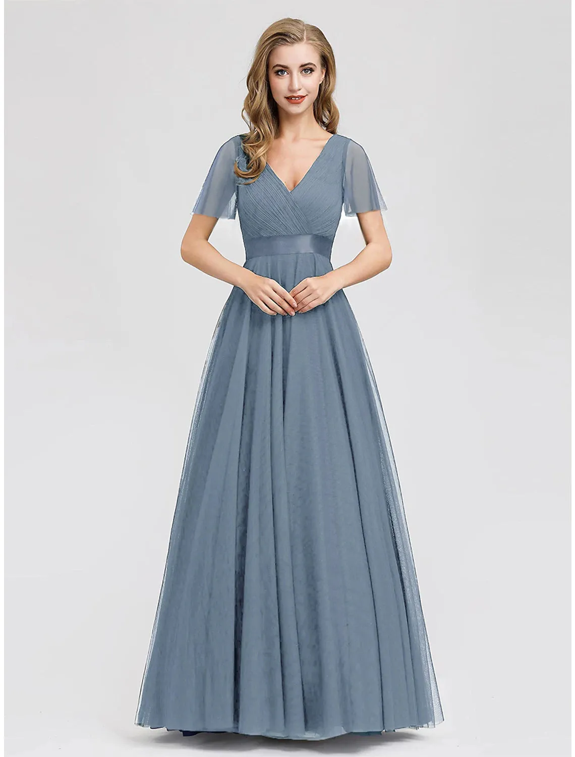 A-Line Empire Wedding Guest Prom Dress V Neck V Back Short Sleeve Floor Length Chiffon with Pleats Ruched