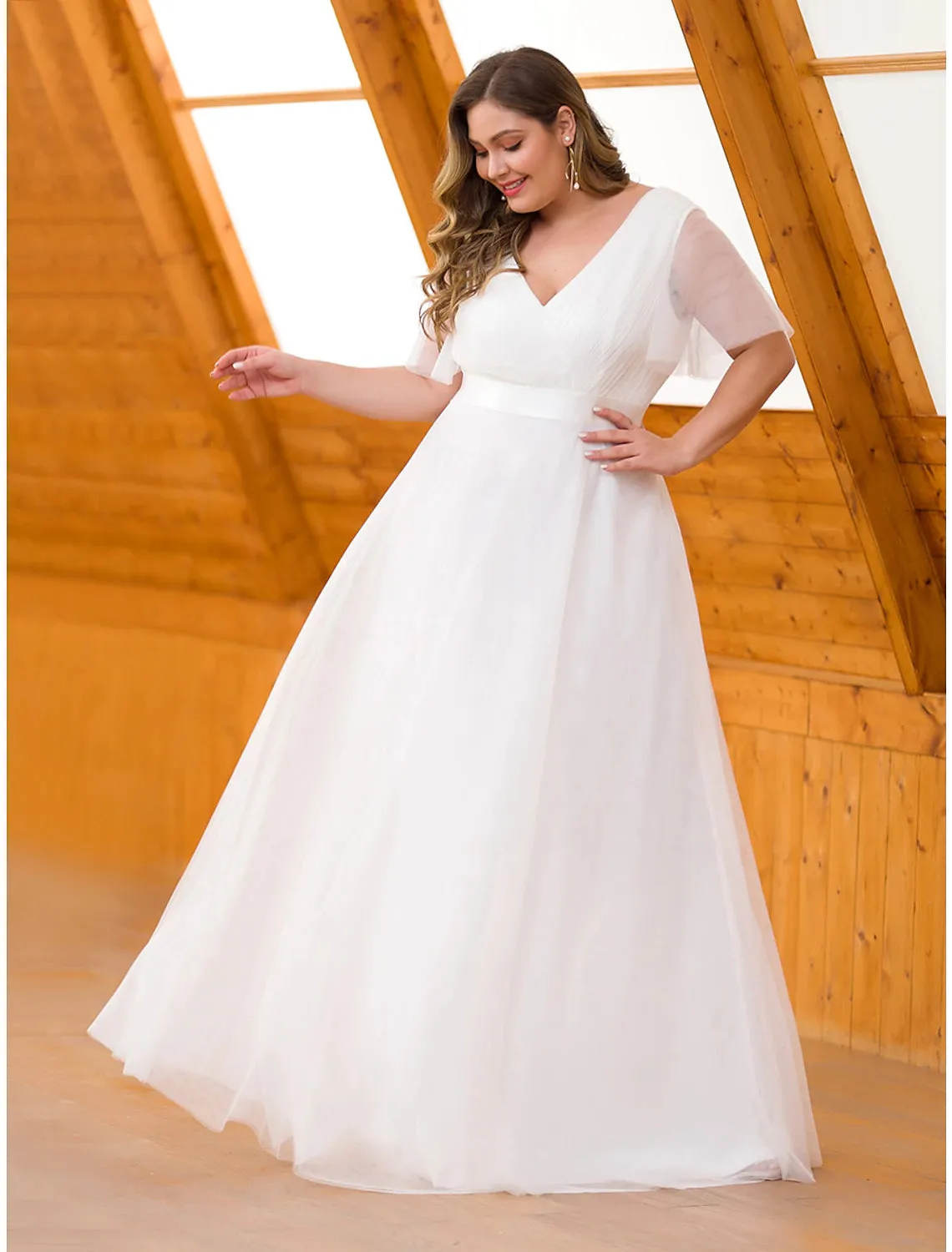 A-Line Empire Wedding Guest Prom Dress V Neck V Back Short Sleeve Floor Length Chiffon with Pleats Ruched