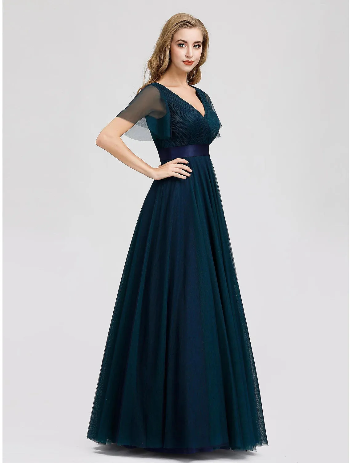 A-Line Empire Wedding Guest Prom Dress V Neck V Back Short Sleeve Floor Length Chiffon with Pleats Ruched