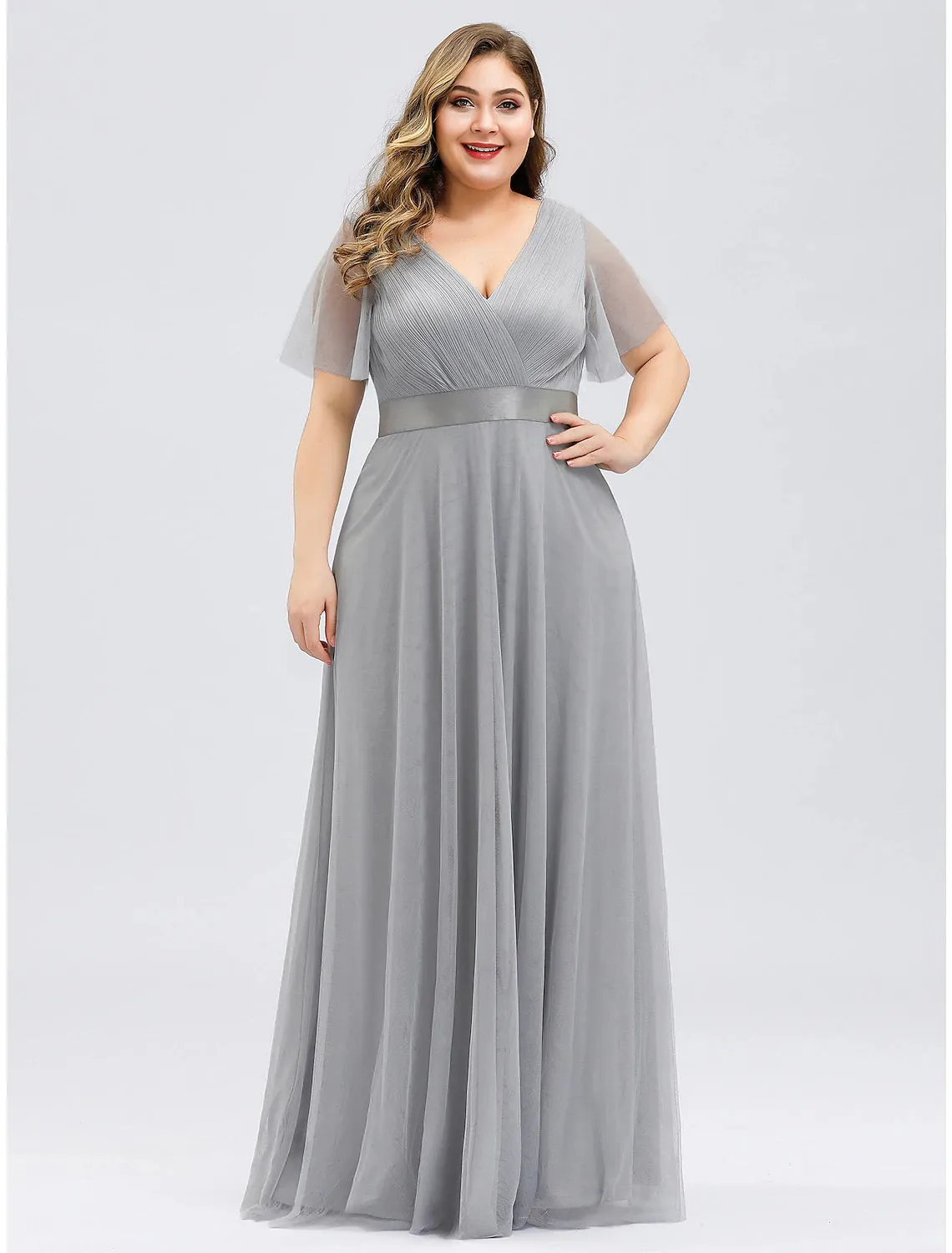 A-Line Empire Wedding Guest Prom Dress V Neck V Back Short Sleeve Floor Length Chiffon with Pleats Ruched