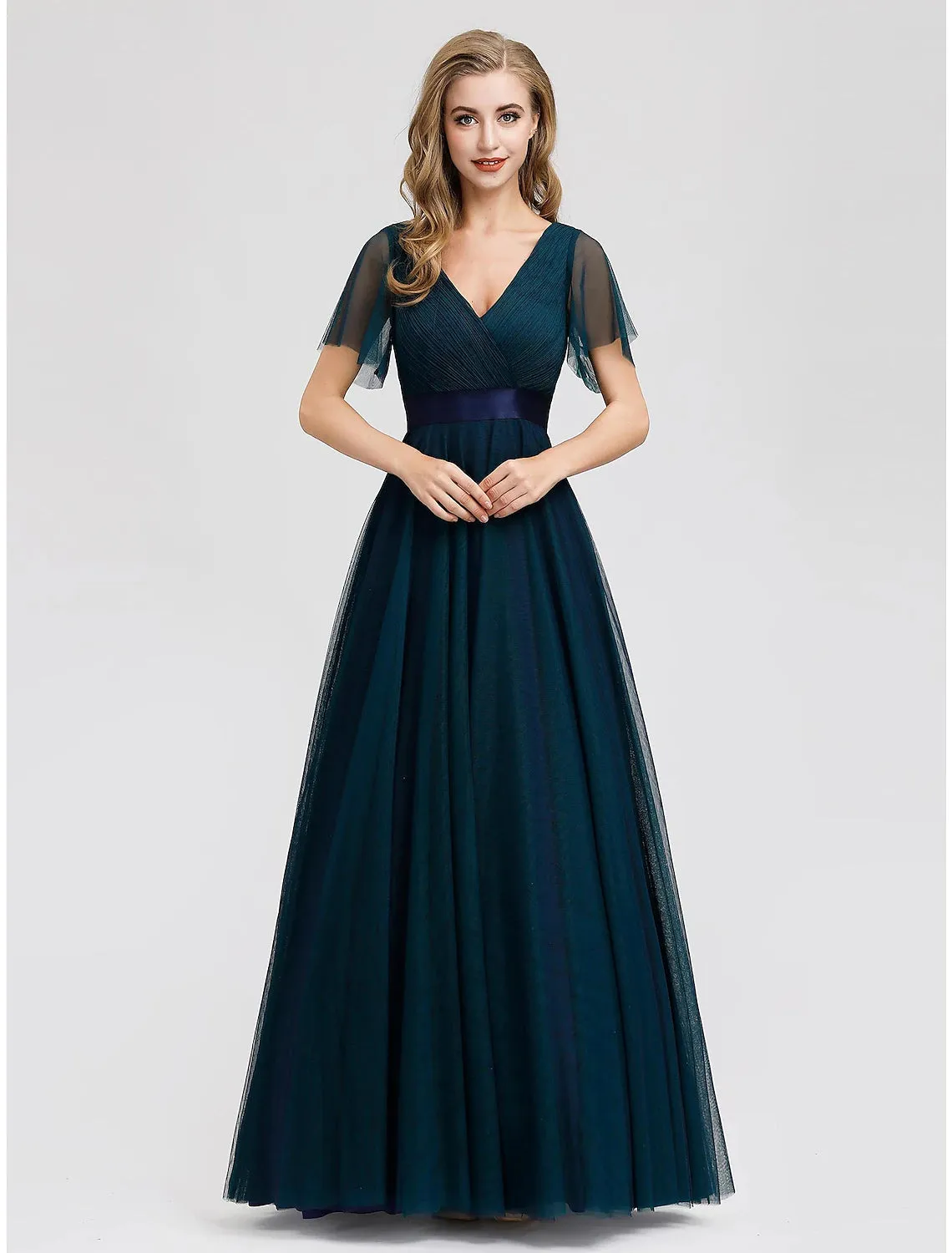 A-Line Empire Wedding Guest Prom Dress V Neck V Back Short Sleeve Floor Length Chiffon with Pleats Ruched