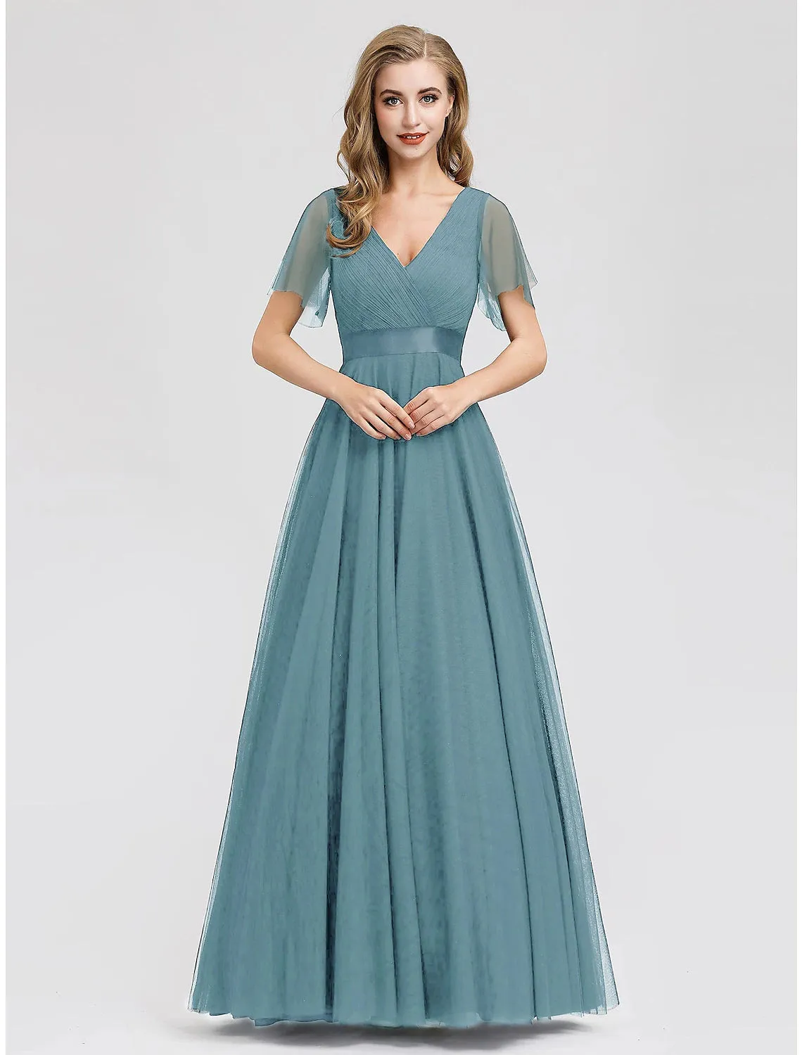 A-Line Empire Wedding Guest Prom Dress V Neck V Back Short Sleeve Floor Length Chiffon with Pleats Ruched