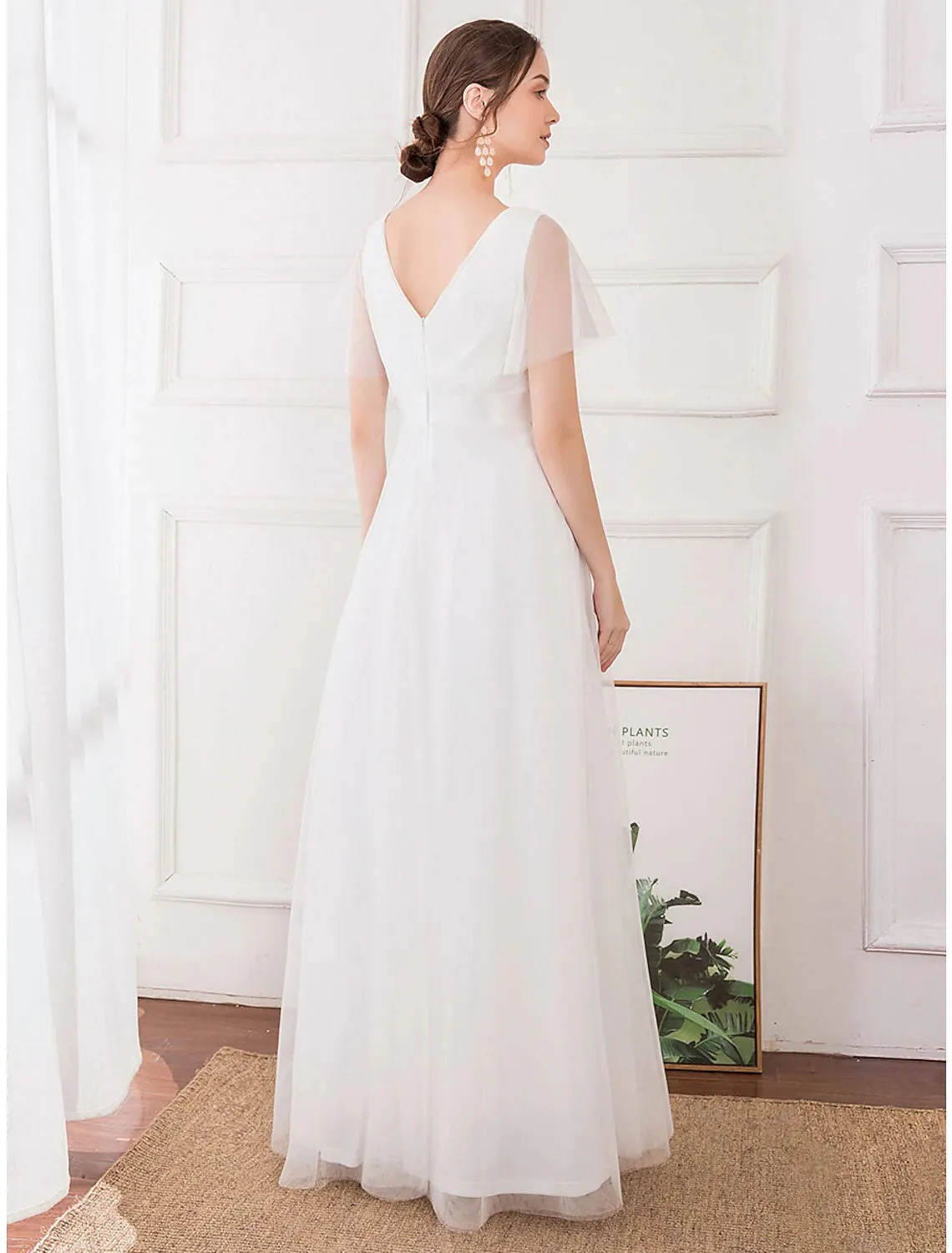 A-Line Empire Wedding Guest Prom Dress V Neck V Back Short Sleeve Floor Length Chiffon with Pleats Ruched