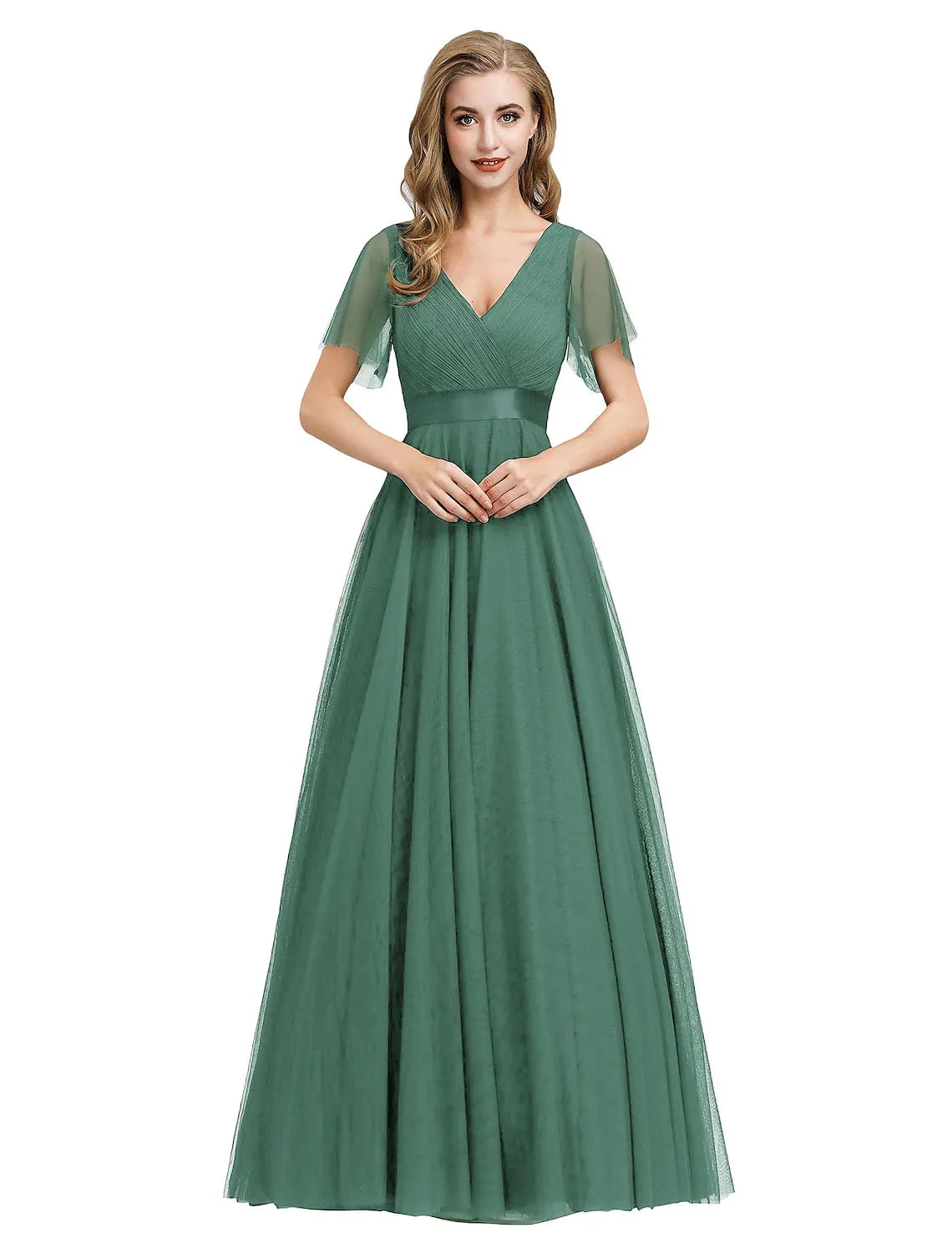 A-Line Empire Wedding Guest Prom Dress V Neck V Back Short Sleeve Floor Length Chiffon with Pleats Ruched