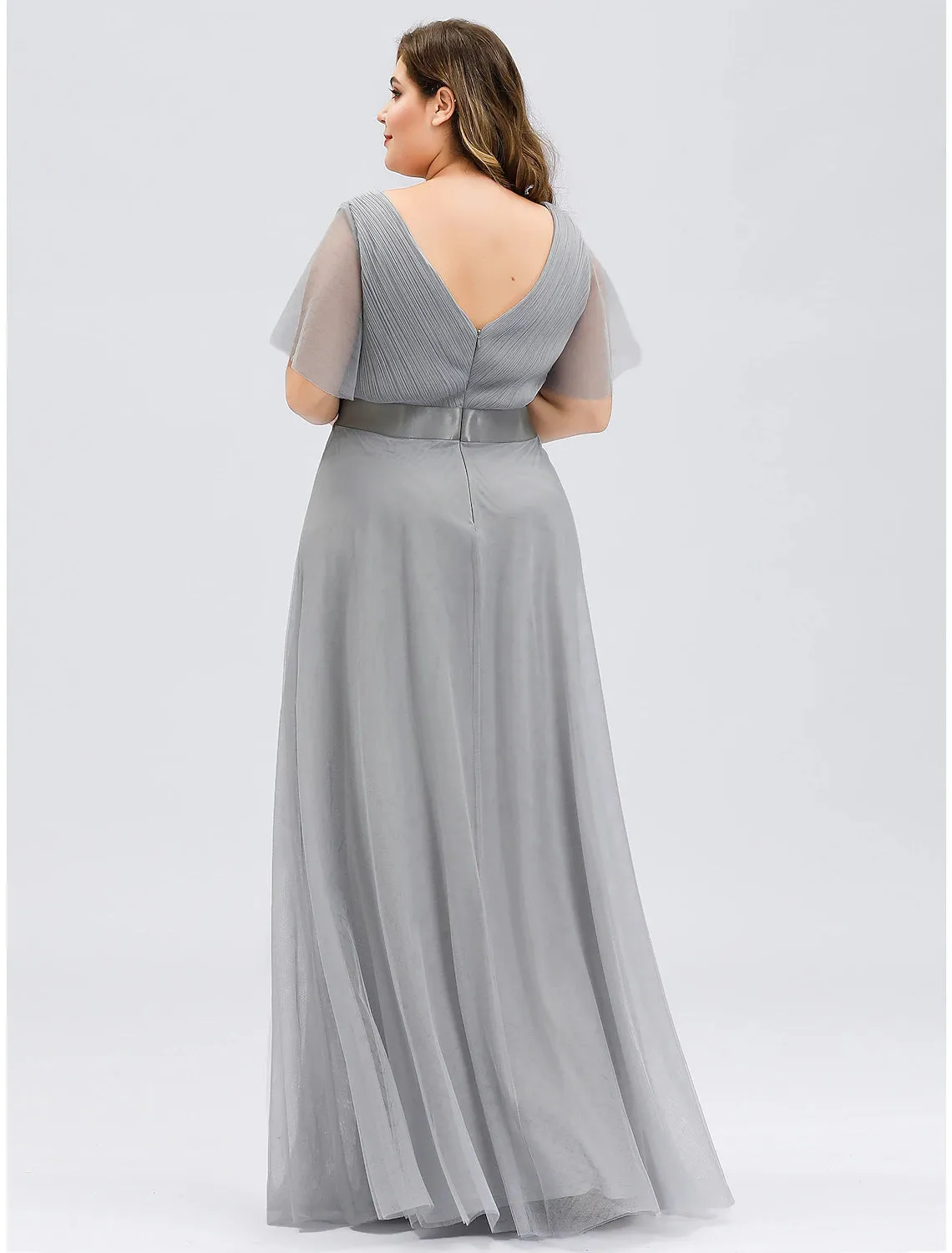 A-Line Empire Wedding Guest Prom Dress V Neck V Back Short Sleeve Floor Length Chiffon with Pleats Ruched