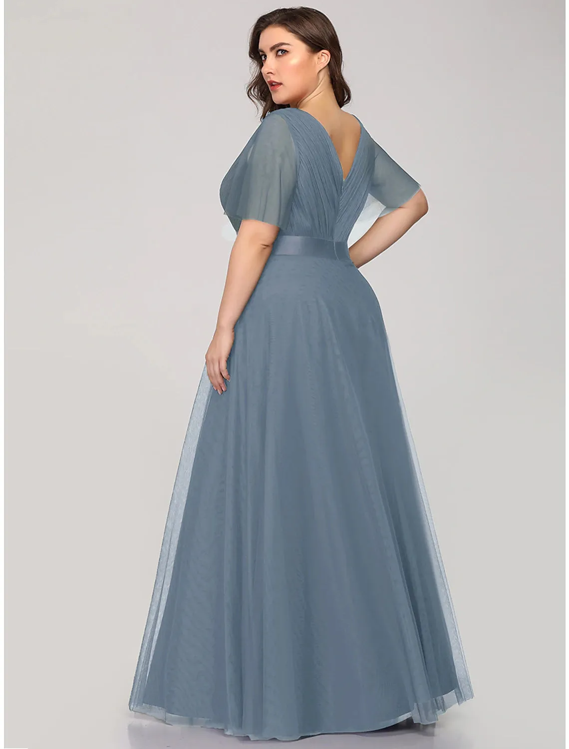 A-Line Empire Wedding Guest Prom Dress V Neck V Back Short Sleeve Floor Length Chiffon with Pleats Ruched