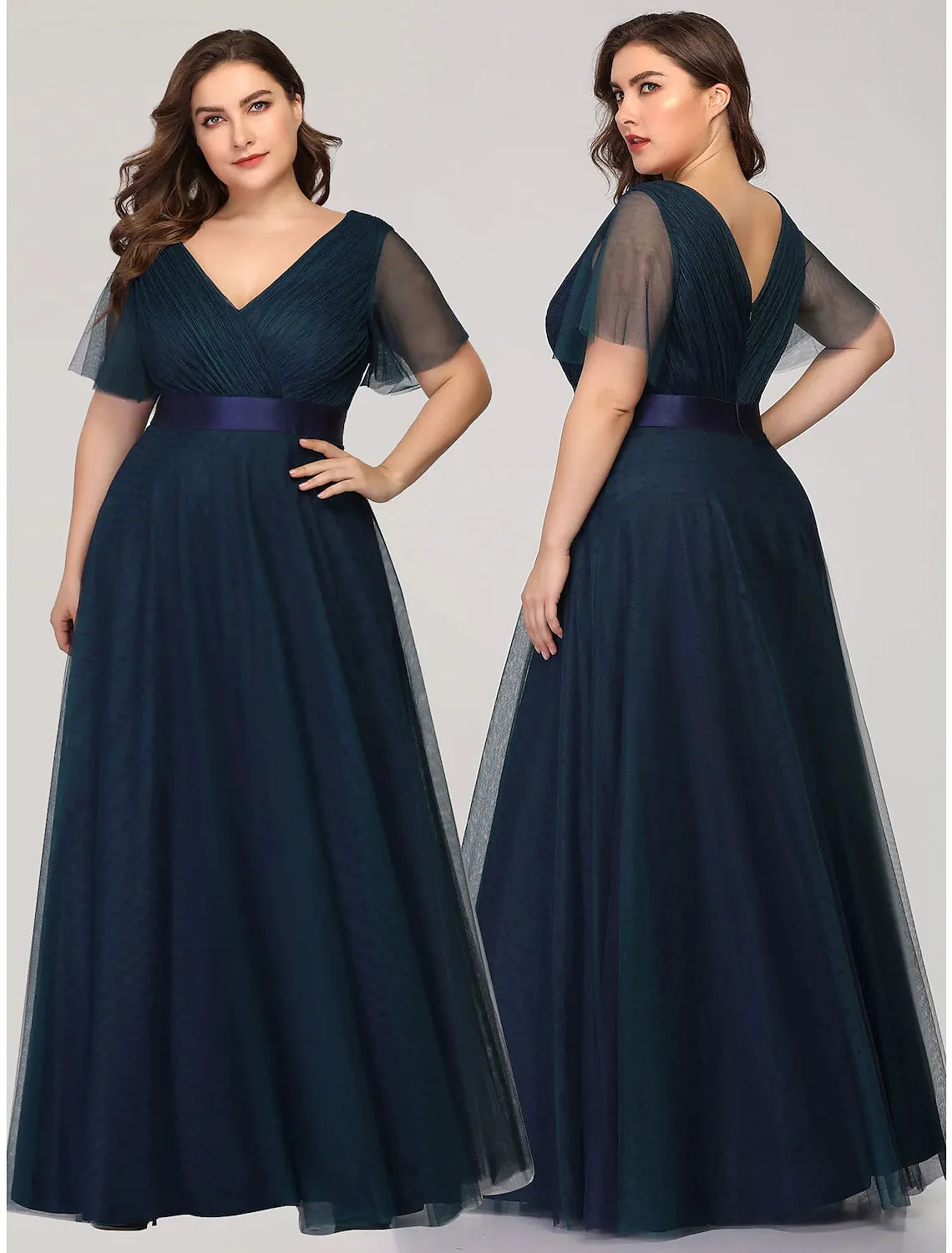 A-Line Empire Wedding Guest Prom Dress V Neck V Back Short Sleeve Floor Length Chiffon with Pleats Ruched