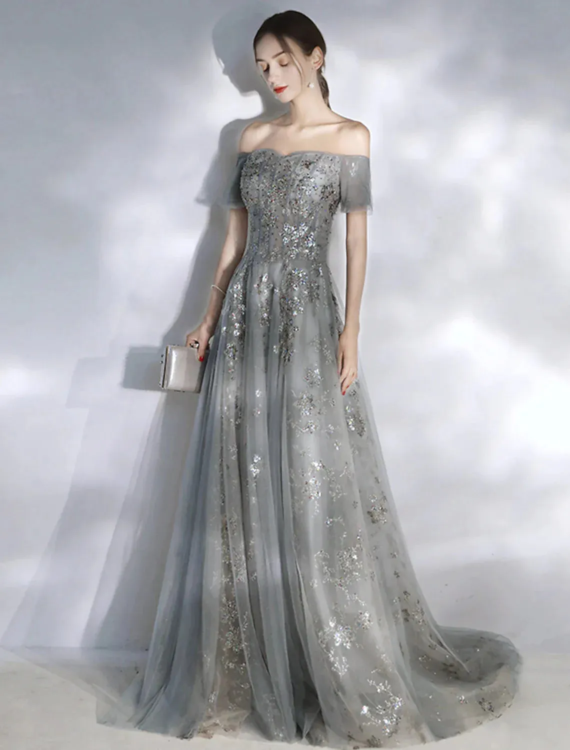 A-Line Evening Gown Glittering Dress Engagement Floor Length Short Sleeve Off Shoulder Sequin Appliques