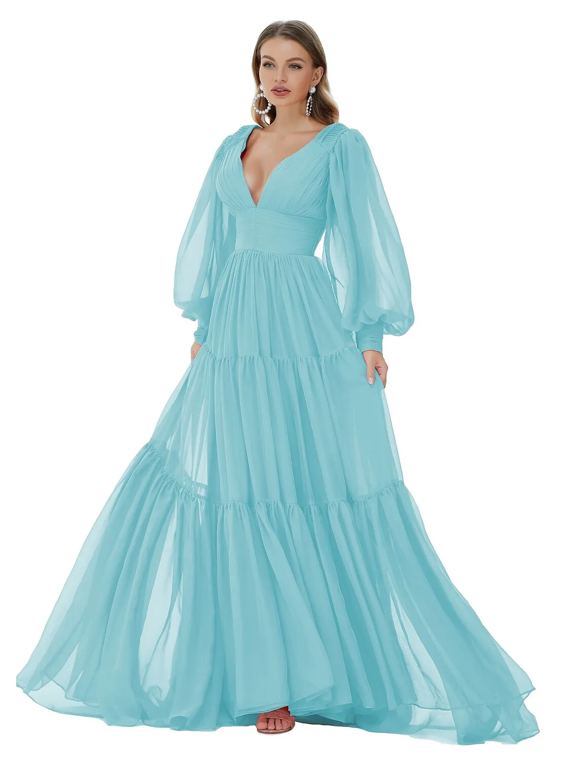 A-Line Evening Gown Sexy Dress Party Long Sleeve V Neck Chiffon with Ruched