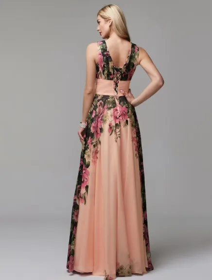 A-Line Floral Prom Dress Floor Length Sleeveless V Neck Chiffon with Pattern Print