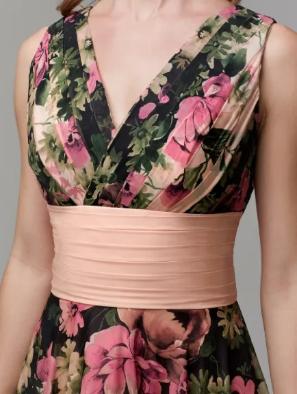 A-Line Floral Prom Dress Floor Length Sleeveless V Neck Chiffon with Pattern Print