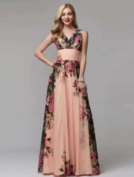 A-Line Floral Prom Dress Floor Length Sleeveless V Neck Chiffon with Pattern Print