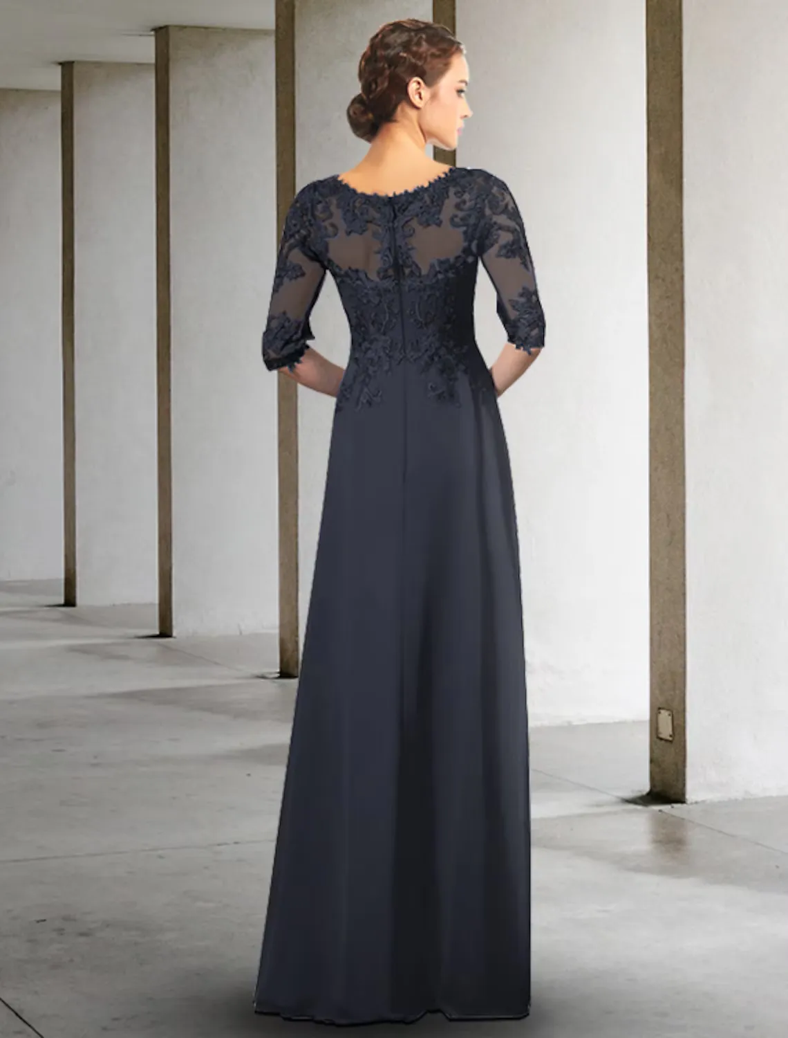 A-Line Mother of the Bride Dress Elegant  Floor Length Chiffon Lace Half Sleeve with Appliques