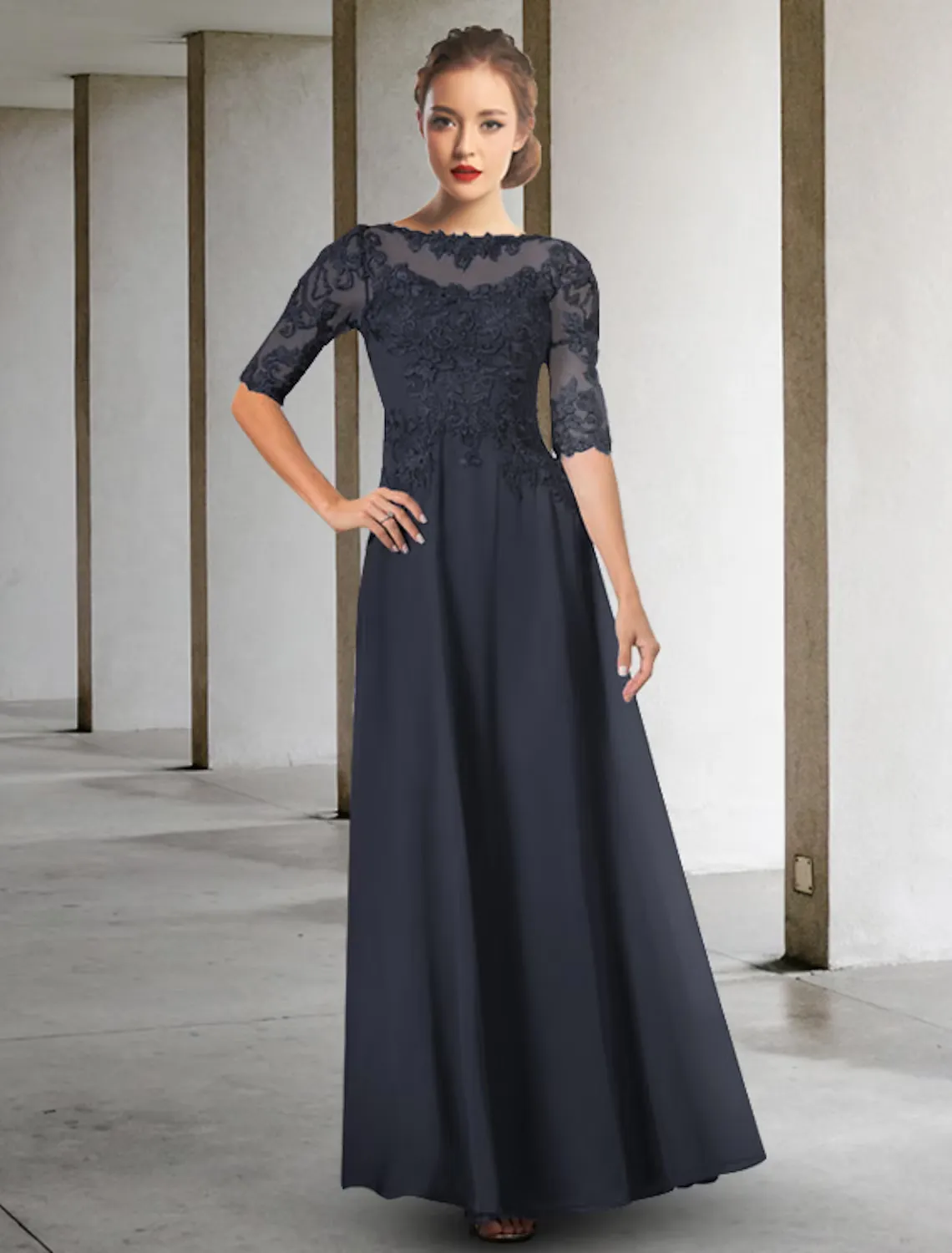 A-Line Mother of the Bride Dress Elegant  Floor Length Chiffon Lace Half Sleeve with Appliques