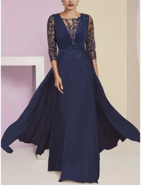 A-Line Mother of the Bride Dress Wedding Guest Elegant Scoop Neck Floor Length Stretch Chiffon Half Sleeve with Sequin Appliques Ruching