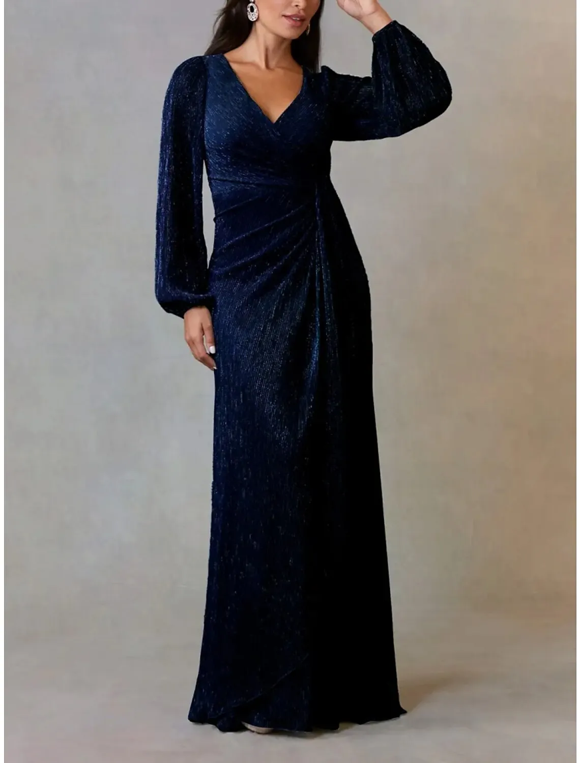 A-Line Mother of the Bride Dress Wedding Guest Simple Elegant V Neck Floor Length Chiffon Long Sleeve with Ruching Solid Color