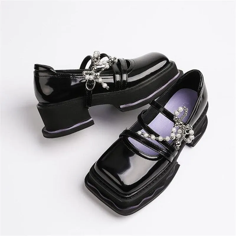 Advbridge Women Square Toe Mary Janes Shoes Pearl Decoration Ladies Loafers Female Platform Lolita Shoes Gothic Punk Pumps