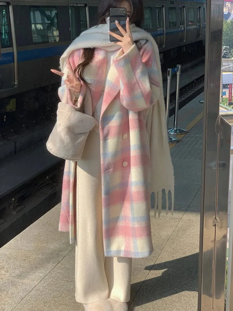 Aiertu Winter Rainbow Woollen Coats Women Casual Warm Loose Plaid Long Coats Female Korean Fashion Office Lady Trench Jackets Y2k