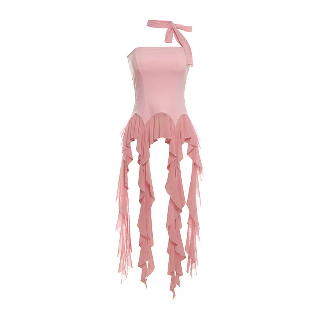 Asymmetrical Choker Draped Mesh Ruffle Fringe Fitted Peplum Tube Top